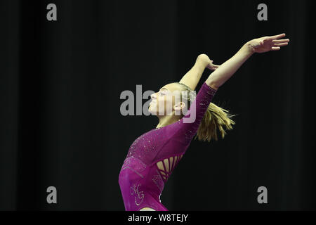 9 agosto 2019: ginnasta Olivia ciccioli durante il giorno una delle junior donna della concorrenza al 2019 noi campionati di ginnastica, svoltasi a Kansas City, MO. Melissa J. Perenson/CSM Foto Stock