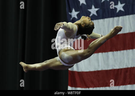 9 agosto 2019: eMjae ginnasta Frazier compete durante il giorno una delle junior donna della concorrenza al 2019 noi campionati di ginnastica, svoltasi a Kansas City, MO. Melissa J. Perenson/CSM Foto Stock