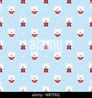 Vettore di Natale senza giunture inverno con pattern polare simpatico orso bianco con dono, ornamento di fiocchi di neve sulla neve sullo sfondo. Illustrazione Vettoriale