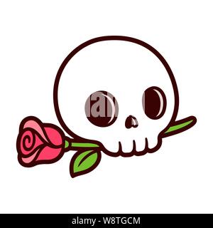 Cartoon cranio con rose, tatuaggio tradizionale design in semplice stile carino. Vettore isolato clip art illustrazione. Illustrazione Vettoriale