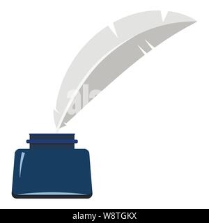 Illustrazione Vettoriale di blu inkwell con piume bianche simbolo di calligrafia calligrafia corrispondenza silhouette. Illustrazione Vettoriale