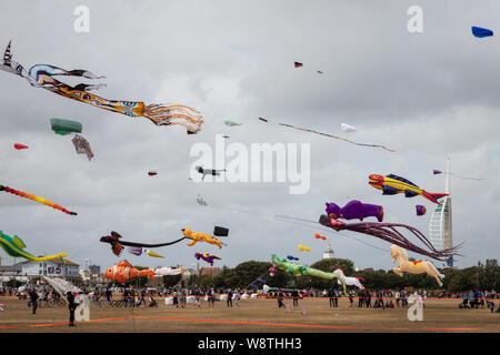 La folla si riuniscono per guardare la international Kite festival il Southsea comune, Portsmouth Foto Stock