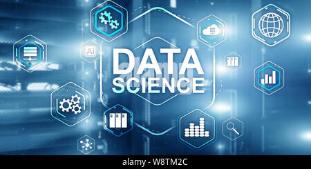 Grande scienza dei dati le informazioni di analisi di concetto di tecnologia. La sala server sfondo. Foto Stock