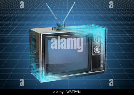 Visualizzazione 3d il modello CAD di vintage TV set, cianografia. Il rendering 3D Foto Stock