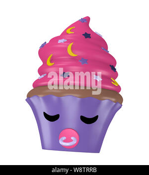 Kawaii cupcake come un carattere di pelo con succhietto. Isolato su bianco, rendering 3D Foto Stock