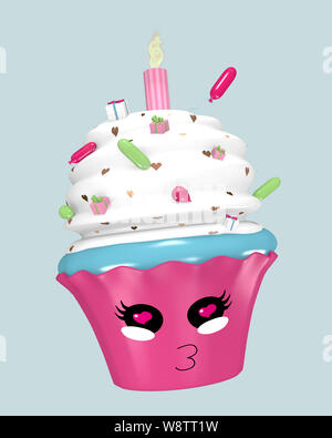 Carino Kawaii emoticon con candela che brucia e il bacio della bocca. Il rendering 3D Foto Stock