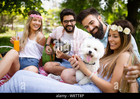 Estate, vacanze, la musica e il tempo libero concetto. Gruppo di amici hanno picnic all'aperto. Foto Stock