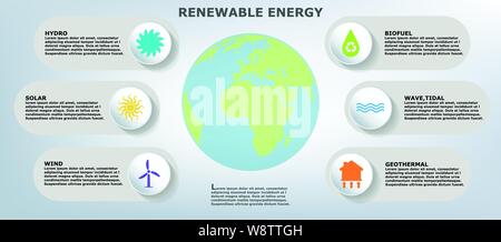 Fonti di energia rinnovabili ed infografico, template vettoriale con energia sostenibile simboli Illustrazione Vettoriale