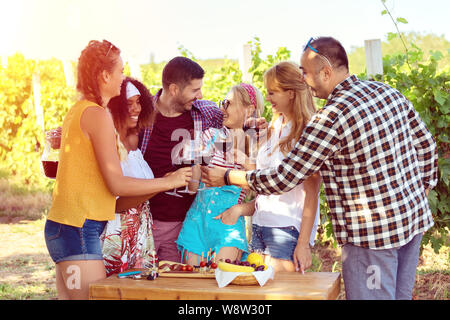 Felice multirazziale amici divertendosi di bere il vino rosso al partito picnic in vigna Foto Stock