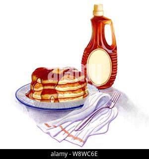 Frittelle & sciroppo. Una pila di frittelle, ricoperto di sciroppo di acero e burro, su di una piastra. Di fronte a questo stabilisce un asciugamano e la forcella. Don in un colore dell'acqua st Foto Stock