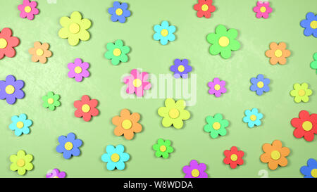 Fiori colorati in 3D forme su uno sfondo verde 3D illustrazione Foto Stock