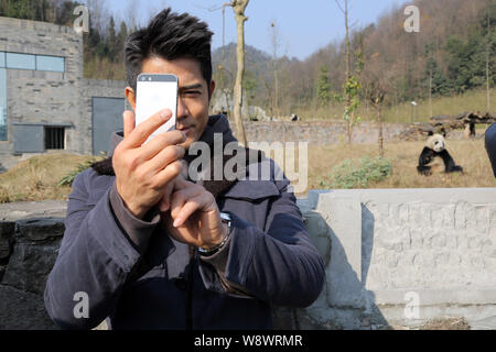 Hong Kong attore Aaron Kwok prende selfies vicino a un panda gigante in Cina conservazione e centro di ricerca per il panda gigante in Dujiangyan, Chengdu c Foto Stock