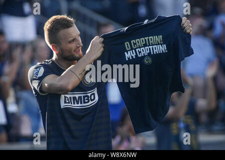 Chester, PA, Stati Uniti d'America. 11 Ago, 2019. Unione di Philadelphia utente malintenzionato KACPER PRZYBYLKO (23) festeggia un gol nel XVIII minuto durante un Major League Soccer match tra l'Unione di Philadelphia e Houston Dynamo Domenica, 11 Agosto, 2019, a Talen Energy Stadium di Chester, PA. Credito: Saquan Stimpson/ZUMA filo/Alamy Live News Foto Stock