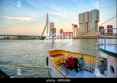 Una vista del Erasmusbrug (Ponte Erasmus) che collega il nord e il sud di parti di Rotterdam, Paesi Bassi. Foto Stock