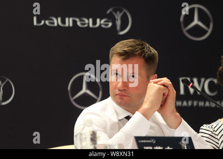 Ginnasta russo Alexey Nemov, noto anche come Alexei Nemov, è raffigurato nel corso di una conferenza stampa per il 2015 Laureus World Sports Awards in Cina Foto Stock