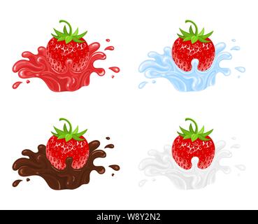 Set di rosso fresco Fragole realistico con succhi di frutta, acqua, cioccolato e schizzi di latte isolato su sfondo bianco. Sweet Food. Frutta organica. Vettore i Illustrazione Vettoriale