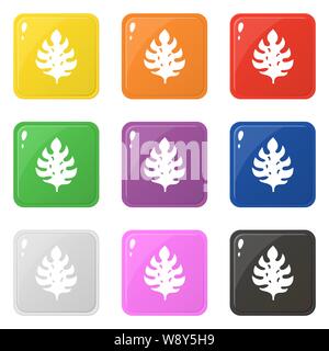 Foglia di monstera set di icone 9 colori isolato su bianco. Raccolta di piazza lucido pulsanti colorati. Illustrazione Vettoriale per qualsiasi tipo di design. Illustrazione Vettoriale