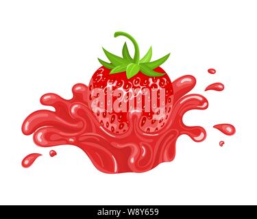 Rosso fresco Fragole realistico con succo splash isolati su sfondo bianco. Sweet Food. Frutta organica. Illustrazione Vettoriale per qualsiasi tipo di design. Illustrazione Vettoriale