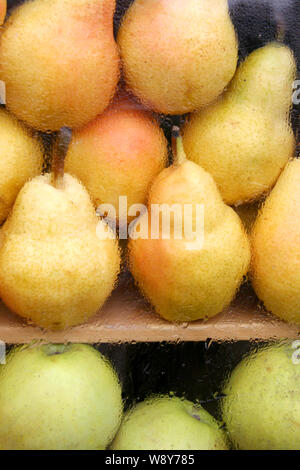 Giallo pere e mele verdi in una teca di vetro dietro un vetro con gocce di pioggia sulla parte superiore di ogni altro. Foto Stock
