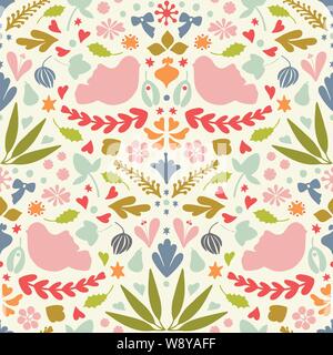 Natale folk mezza goccia seamless pattern sfondo con uccelli, vischio, agrifoglio e cuori. Piuttosto vettore stagionali ripetere design. Illustrazione Vettoriale