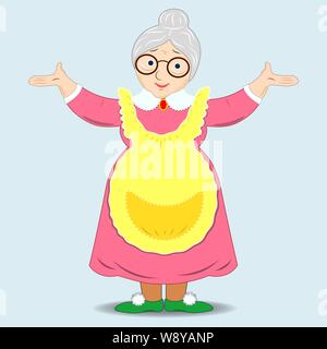 Un disegno piatto di una nonna sorridente. Grazioso Granny con bicchieri . Simpatico personaggio cartoon Granny. Isolato. Vettore Illustrazione Vettoriale