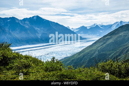 Guardando il ghiacciaio Matanuska dai fianchi del monte Wickersham in remote Alaska. Diversi grandi vette ghiacciate sono visibili al di sopra del ghiacciaio e Foto Stock