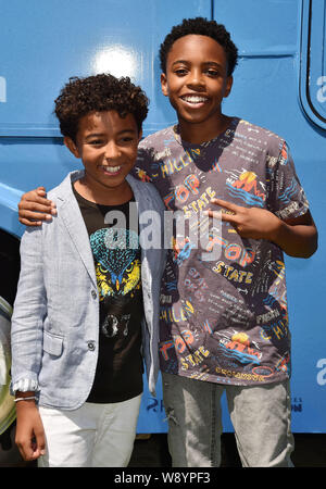 LOS ANGELES, CA - 10 agosto: Mica Abbey e Dallas giovani frequentano la premiere del Sony "Angry Birds Movie 2' al Regency Theatre di Westwood il 10 agosto 2019 a Los Angeles, California. Foto Stock