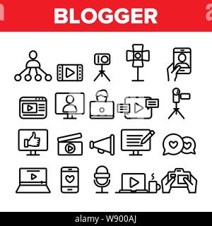 Blogger di raccolta di una linea sottile set di icone vettore Illustrazione Vettoriale