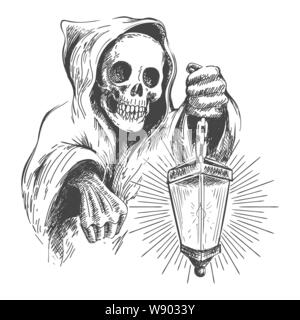 Cranio nel cofano con lanterna in una mano. Vettore illustrazione vintage Illustrazione Vettoriale