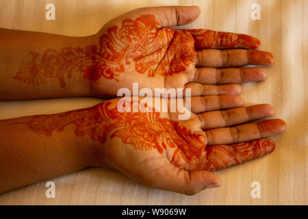 Mehndi(body art) applicata su entrambe le mani Foto Stock