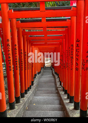 Tunnel di legno rosso Torii Gates all'Hie Jinja Santuario, Nagatacho, Tokyo. Foto Stock