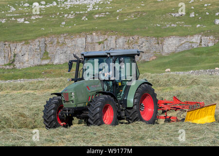 Agricoltore remare fino al fieno con un trattore Hurlimann e a due pass rastrello su una collina di pennini agriturismo vicino a Ravenstondeale, Cumbria. Foto Stock