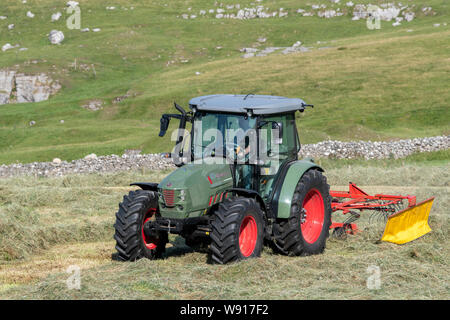 Agricoltore remare fino al fieno con un trattore Hurlimann e a due pass rastrello su una collina di pennini agriturismo vicino a Ravenstondeale, Cumbria. Foto Stock