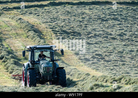 Agricoltore remare fino al fieno con un trattore Hurlimann e a due pass rastrello su una collina di pennini agriturismo vicino a Ravenstondeale, Cumbria. Foto Stock