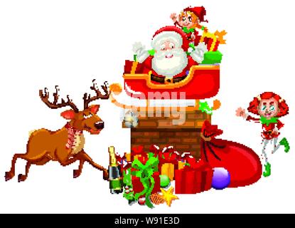 Santa e due elfi sul camino illustrazione Illustrazione Vettoriale