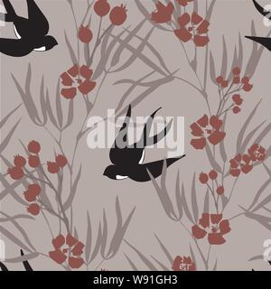 Vector pattern senza giunture di rondini su sfondo grigio, bacche rosse e fiori come gli accenti Illustrazione Vettoriale