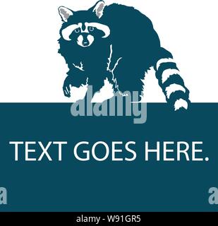 Procione in piedi guardando il visore una zampa sollevata in bianco e nero illustrazione in piedi su un blocco rettangolare. aree bianche invertita out show deta Illustrazione Vettoriale