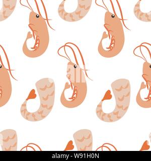 Vector pattern senza giunture di gamberi su sfondo bianco Illustrazione Vettoriale