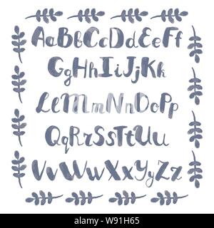 Illustrazione Vettoriale di acquerelli di caratteri scritti a mano e foglie nei toni del blu Illustrazione Vettoriale