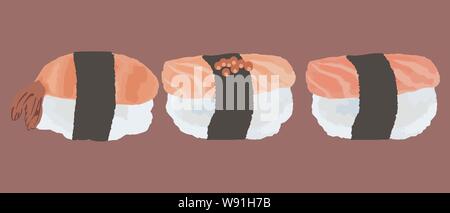 Illustrazione Vettoriale di sushi con tonno, salmone e gamberetti Illustrazione Vettoriale