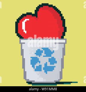 Pixel rosso cuore cose dentro un computer riciclare/icona cestino con il simbolo di riciclaggio su di esso Illustrazione Vettoriale