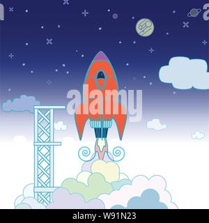 Lancio del razzo nello spazio al di sopra di una susina di fumo colorato con la luna, Marte e stelle in dietro Illustrazione Vettoriale