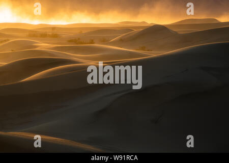Tempesta di sabbia al tramonto, Mesquite Dunes, Parco Nazionale della Valle della Morte, California Foto Stock