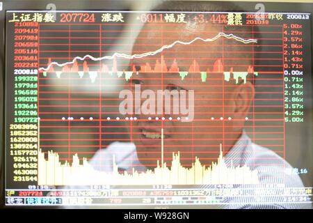 In questo multi-immagine di esposizione, un investitore cinese sorride come egli guarda la Shanghai indice composito in corrispondenza di un magazzino casa di brokeraggio in Qingdao City, est Foto Stock