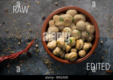 Materie e la foto modificata di alcuni cotti funghi comune in un marrone recipiente di terracotta su un tavolo, foto raw sulla metà superiore e modificati sul botto Foto Stock