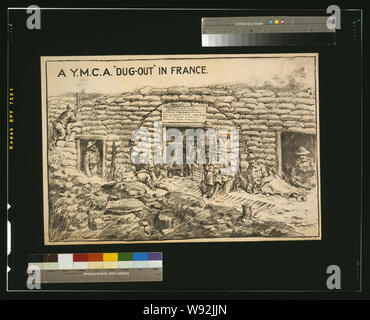 Un Y.M.C.A. scavato in Francia Abstract: Poster raffigurante un YMCA mensa che serve soldati, con segno sopra la porta, George Williams' House. In memoria di Sir George Williams che hanno fondato la Y.M.C.A. oltre 70 anni fa. Per la gloria di Dio e per la Gran Bretagna è giovane virilità. Foto Stock