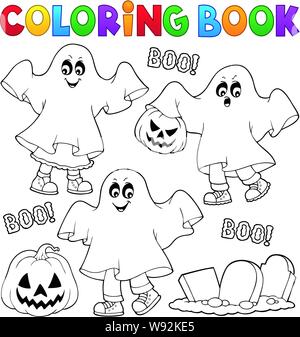 Libro da colorare i bambini in costumi ghost 1 - eps10 illustrazione vettoriale. Illustrazione Vettoriale