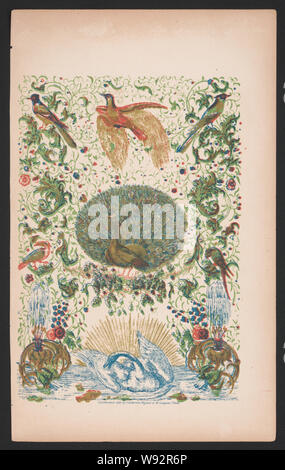 Un pavone e altri uccelli tra gli elementi di design su una pagina di esempio che illustra la stampa a colori / polychromic lith. da Pinkerton, Wagner & McGuigan, Phila Foto Stock