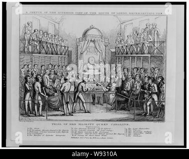 Uno schizzo della vista interna della Camera dei Lord, che rappresenta il processo di sua maestà la regina Carolina Abstract: stampa che mostra la parte interna della Camera dei Lords durante il periodo di prova di Caroline, queen, Consorte del Sig. Giorgio IV. Seduti attorno ad un tavolo nel centro sono la regina, i giudici, i Vescovi, il signore cancelliere, il Procuratore Generale (Sir R. Gifford), l'Avvocato Generale (Sig. Serj't. Copley), e il sig. Gurney, il corto-scrittore di mano in piedi in primo piano sono il Sig. Maule, Solicitor al tesoro, Theodore Majocchi, primo testimone contro di Sua Maestà e Marchese di spinette, inter Foto Stock