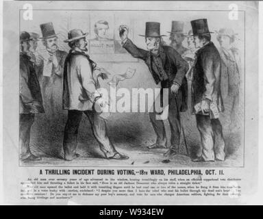 Un emozionante incidente durante il voto,--18th Ward, Philadelphia, Ott. 11 Abstract: stampa mostra un emotivamente caricati condanna dell'Copperheads o democratici di pace e il loro sostegno della riconciliazione con la Confederazione. In una scena a un luogo di polling di un uomo vecchio (a destra) viene avvicinato da un voto Copperhead distributore, che spinge un biglietto a lui, dicendo: Qui è un vecchio Jackson Democrat che sempre voti rettilineo un biglietto. Il vecchio uomo rabbiosamente risposte mi disprezzerà è più di quanto io odio il ribelle che ha inviato il suo proiettile attraverso il mio figlio morto il cuore! È miserabile creatura! Lei mi aspettano di disonore Foto Stock